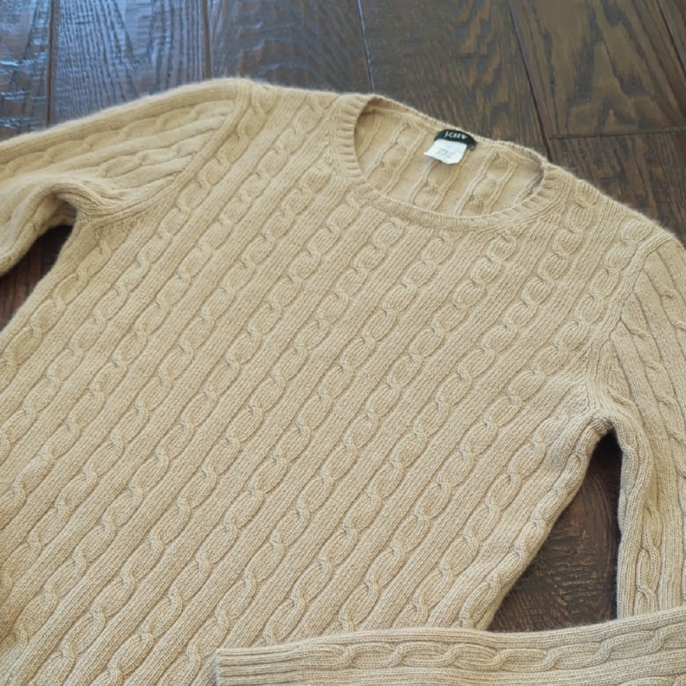 J. CREW I Camel Tan Crew Neck Wool Cashmere Blend Preppy Cable Knit Sweater, M